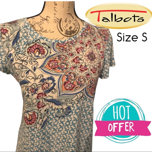 Size Small Blue Floral T-Shirt by TALBOTS - Picture 2 of 5